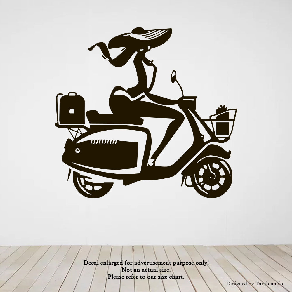 Motorcycle Wall Decals Lady On A Moped-Vinyl Decals EC1203